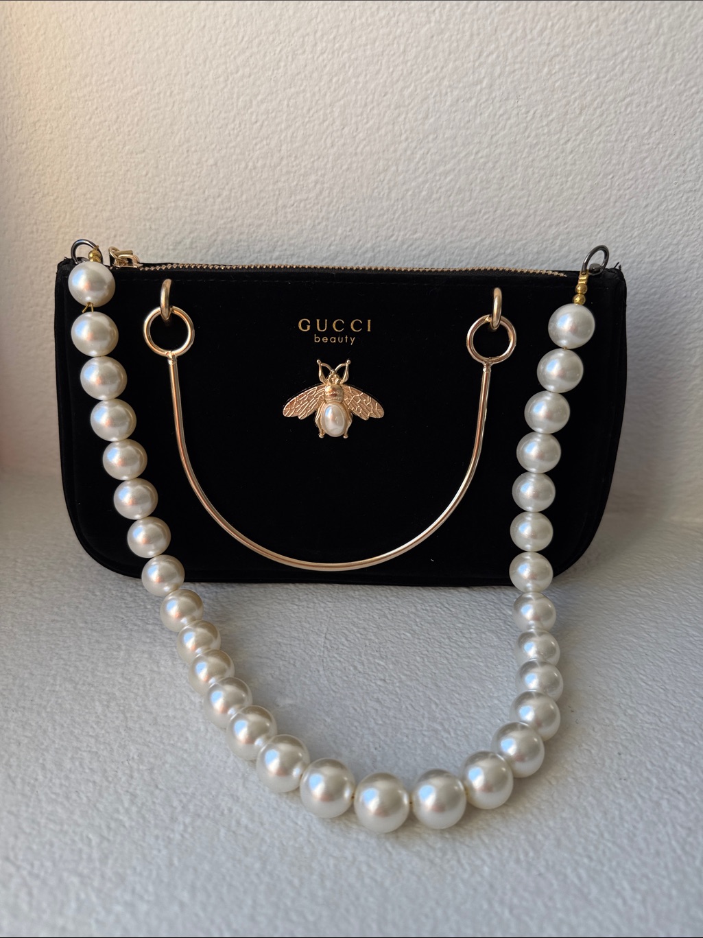Gucci Black Velvet Cosmetic Bag With Gold Bee And Pearl Strap Limited Edition